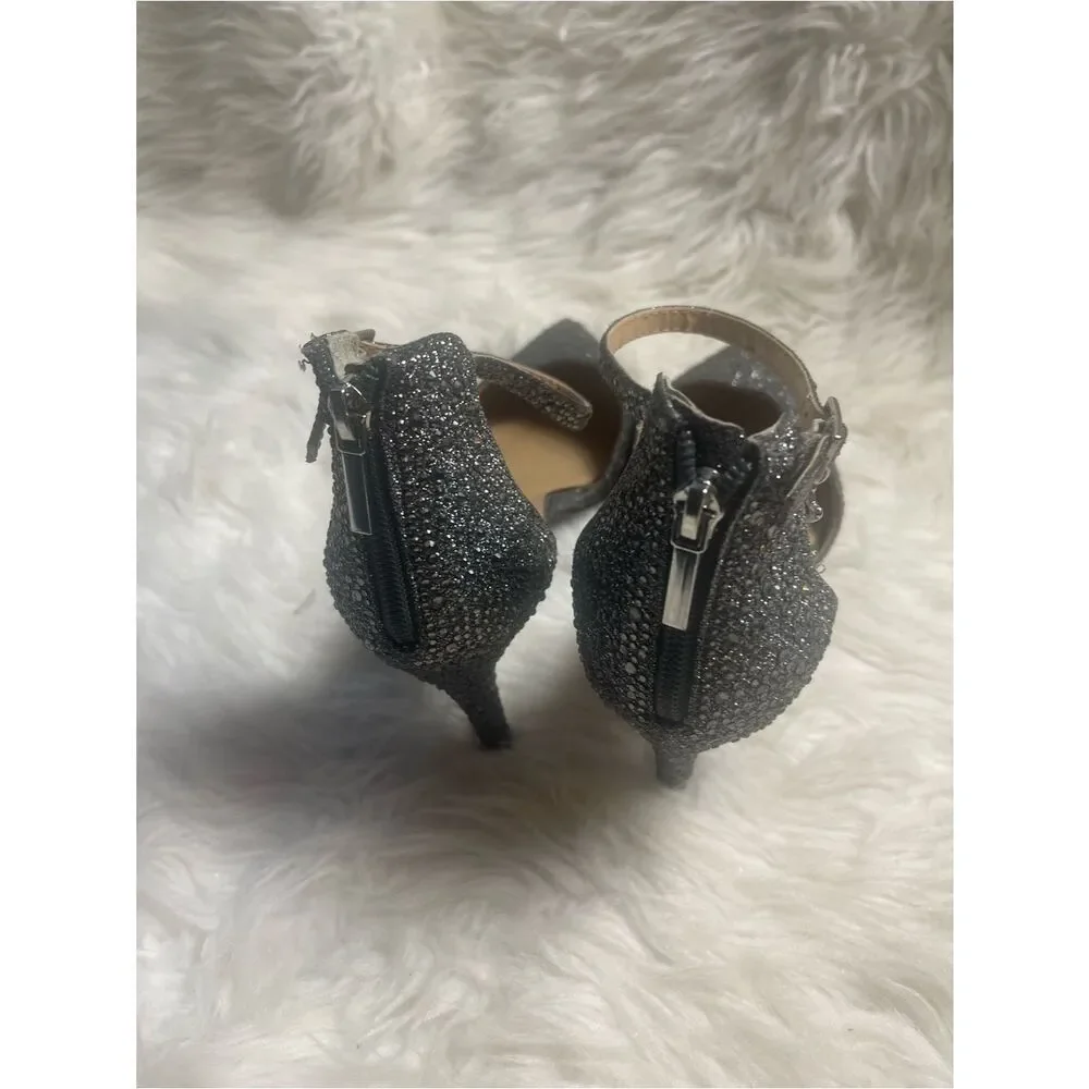 Thalia Sodi Vanessa pewter GlitterPointed-Toe Ankle-Strap Heels back zipper SZ11